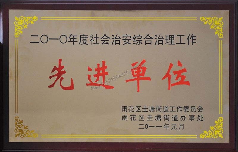2010年度社会治安综合治理工作先进单位（雨花区圭塘街道工作委员会）